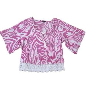 Unique Spectrum Blouse Womens M Pink White Crochet Lace Trim Peasant Boho Top